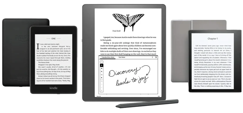 Three Kindle e-readers shown side by side, including a Paperwhite displaying a book page, a large Scribe with a stylus and a handwritten note reading “Discovery leads to joy,” and an Oasis showing Chapter 1 text.